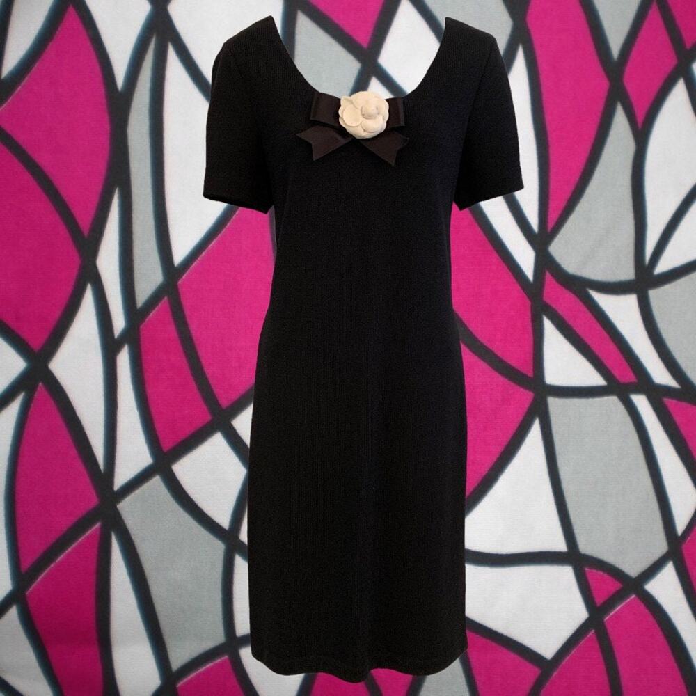 Vintage 80's St. John Knit Little Black Dress • Removable White Flower & Bow